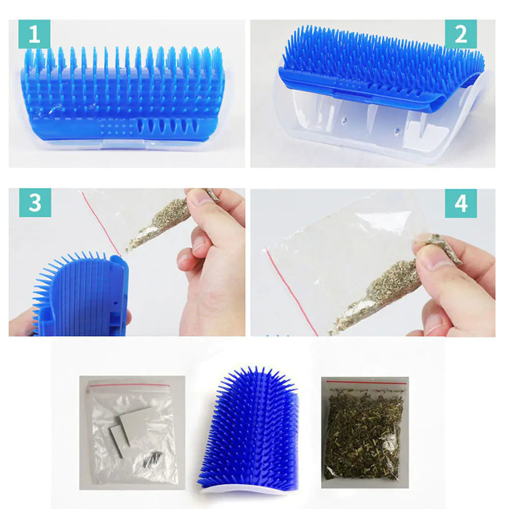 Cat using self groomer corner comb