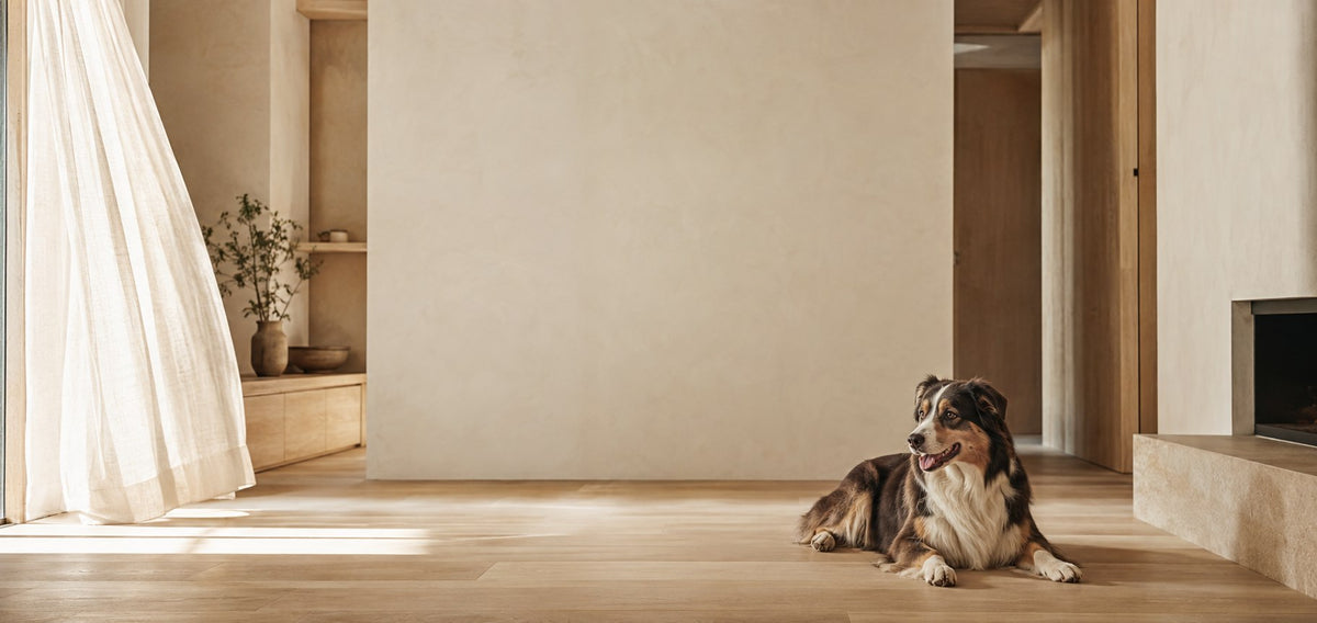 A dog relaxing on the floor of a sunlit, minimalist living room